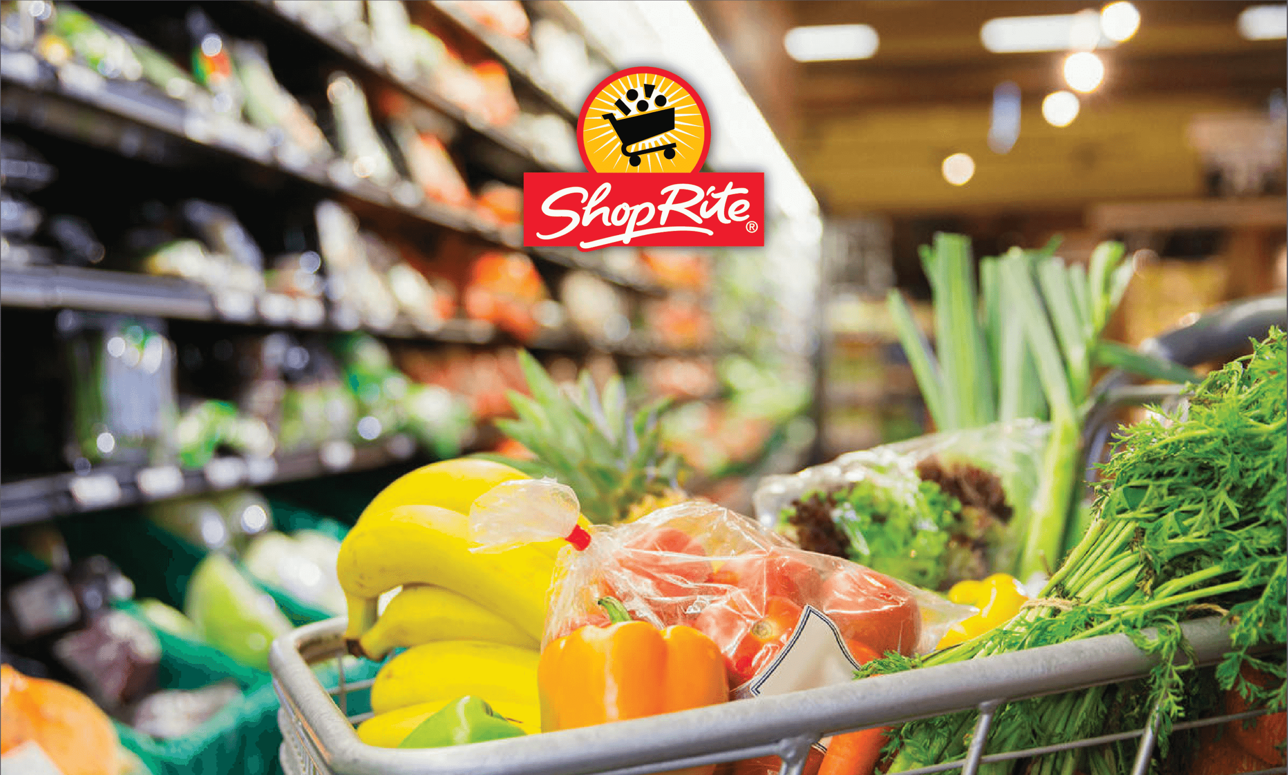 A grocery cart full of fresh vegetables with the ShopRite logo above