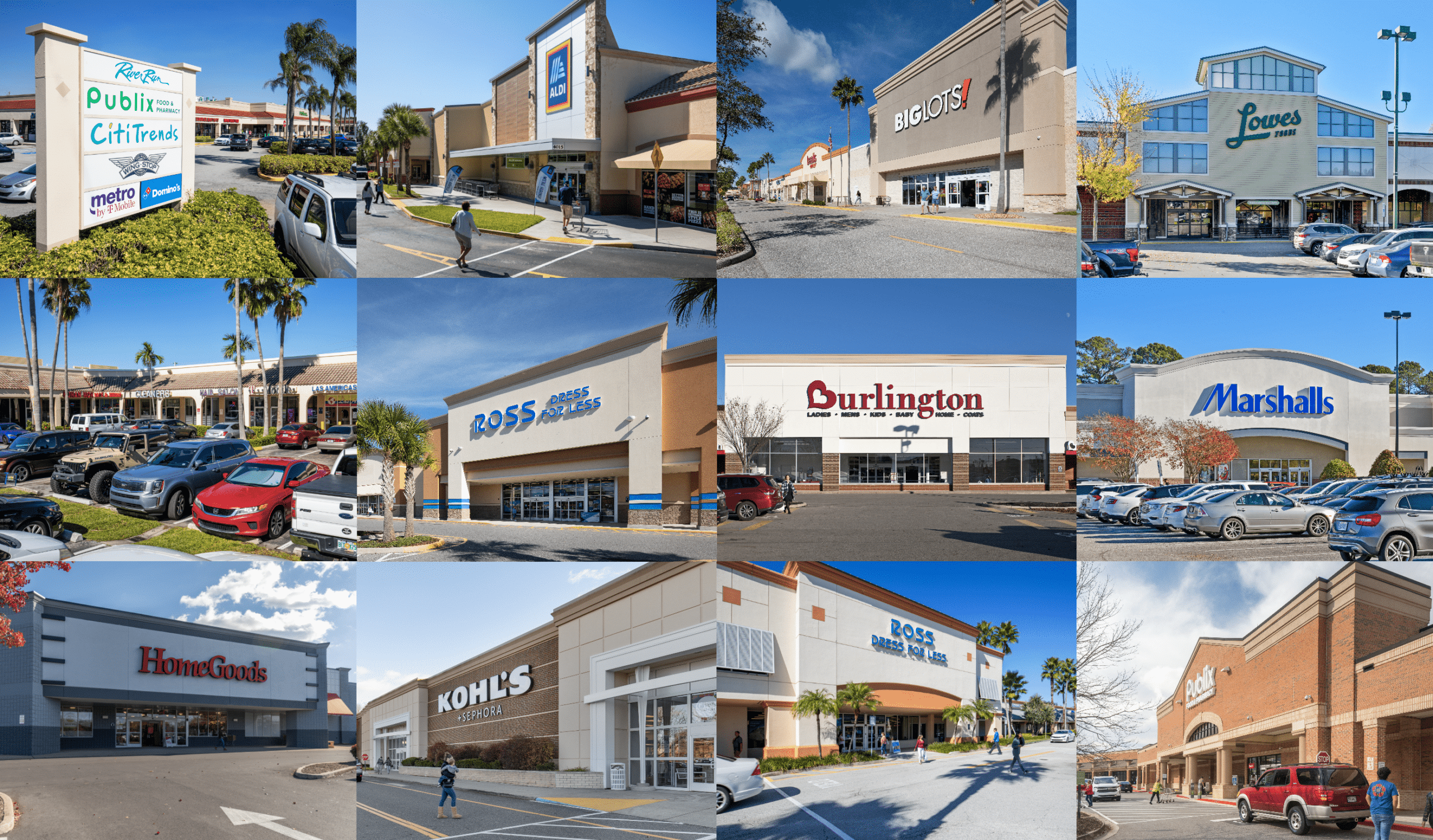 Collage of multiple retail stores including Ross, HomeGoods, Kohl's, Burlington, and Marshalls