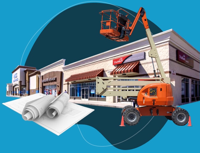 Shopping center with construction graphics